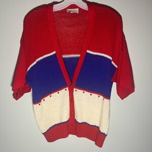 St. John by Marie Gray Knits Button Cardigan Red Blue Cream Vintage Size Medium